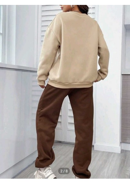 Kahve Krem Jogger Sweatshirt Alt Üst Eşofman Takımı Oversize Bisiklet Yaka