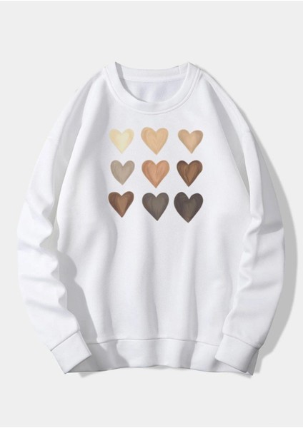 Kadın Oversize Beyaz Kalp Baskılı 3iplik Sweatshirt