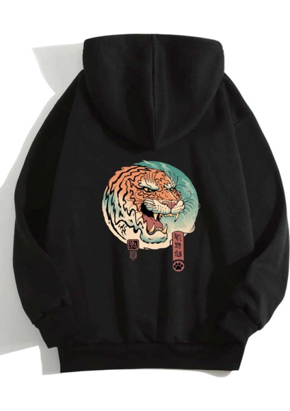 Siyah Kaplan Anime Baskılı Kapşonlu Oversize Sweatshirt