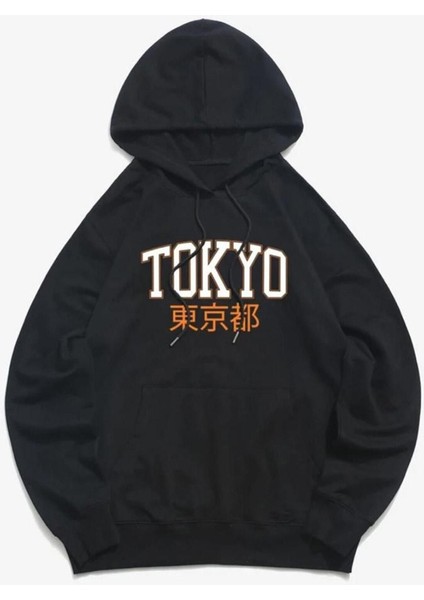 Siyah Kapşonlu Tokyo Baskılı Oversize Içi Yünsüz Sweatshirt