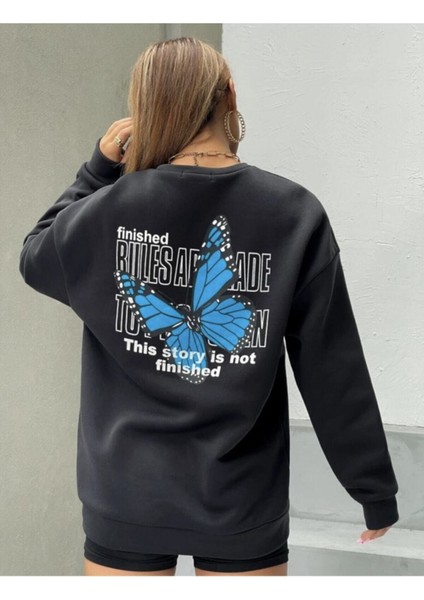 Kadın Siyah Finished Bules Oversize Sweatshirt