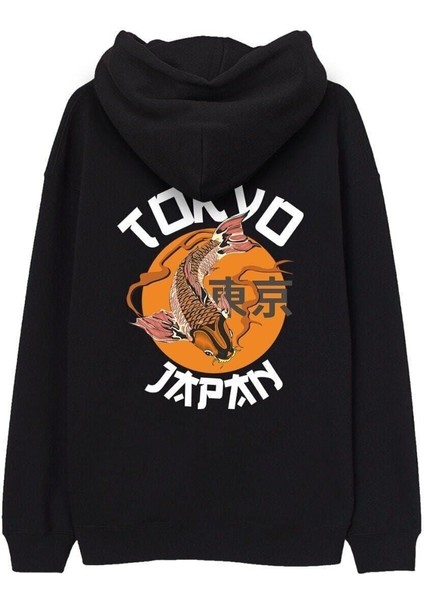 Kapüşonlu Siyah Oversize Sweatshirt Tokyo Balık Baskılı