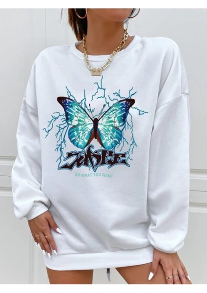 Kadın Beyaz Sense Kelebek Baskılı Oversize Sweatshirt 3iplik