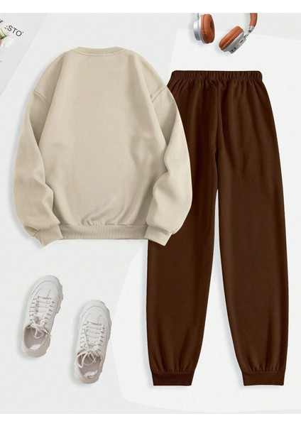 Kahve Krem Jogger Sweatshirt Alt Üst Eşofman Takımı Oversize Bisiklet Yaka