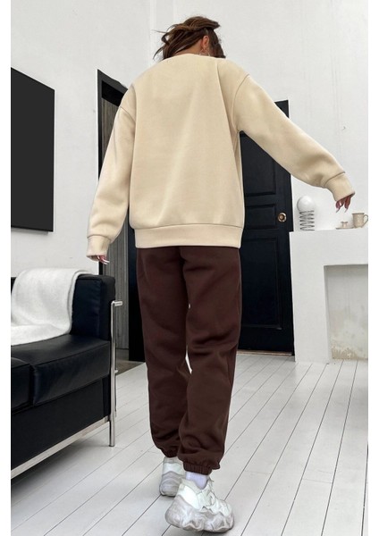 Brooklyn Kahve Jogger Bej Sweatshirt Alt Üst Eşofman Takımı Oversize Bisiklet Yaka