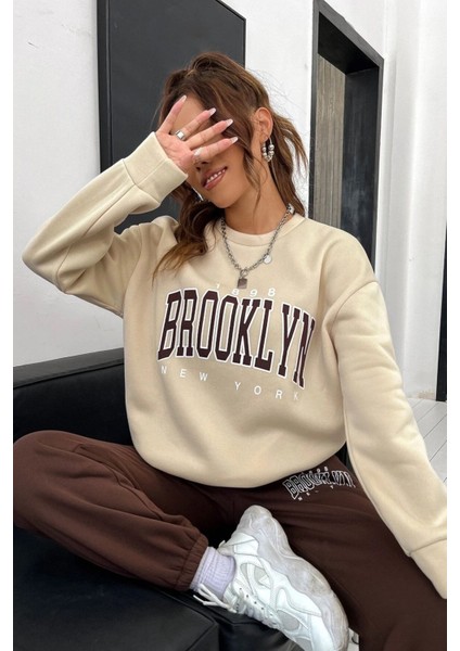 Brooklyn Kahve Jogger Bej Sweatshirt Alt Üst Eşofman Takımı Oversize Bisiklet Yaka