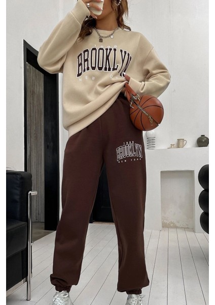 Brooklyn Kahve Jogger Bej Sweatshirt Alt Üst Eşofman Takımı Oversize Bisiklet Yaka