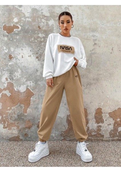 Nasa Baskılı Beyaz Sweatshirt Alt Üst Eşofman Takımı Oversize Bisiklet Yaka