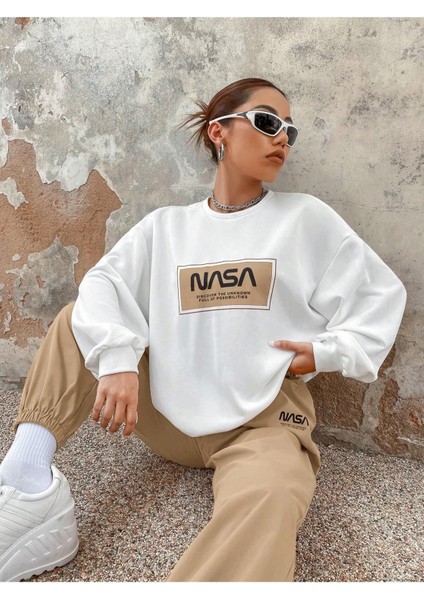 Nasa Baskılı Beyaz Sweatshirt Alt Üst Eşofman Takımı Oversize Bisiklet Yaka