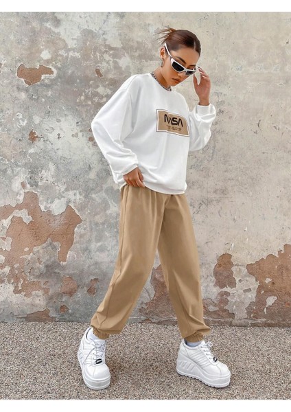 Nasa Baskılı Beyaz Sweatshirt Alt Üst Eşofman Takımı Oversize Bisiklet Yaka