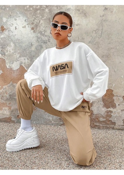Nasa Baskılı Beyaz Sweatshirt Alt Üst Eşofman Takımı Oversize Bisiklet Yaka