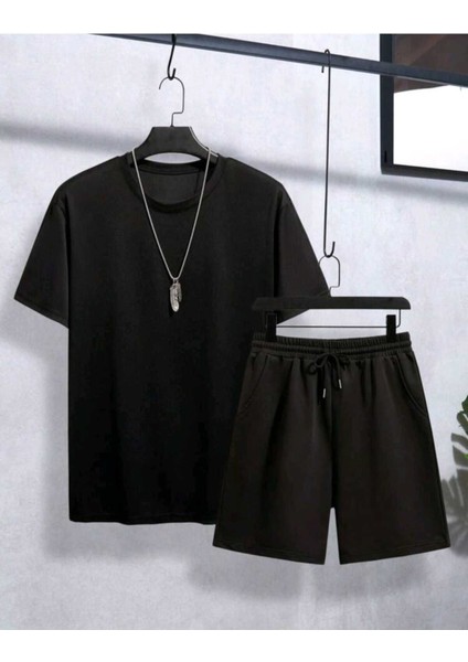 Erkek Basic Düz Sokak Stili Siyah Beyaz Şort T-Shirt Takım Oversize Salaş