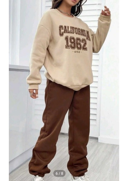 Kahve Krem Jogger Sweatshirt Alt Üst Eşofman Takımı Oversize Bisiklet Yaka