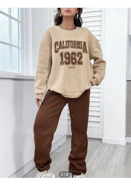 Kahve Krem Jogger Sweatshirt Alt Üst Eşofman Takımı Oversize Bisiklet Yaka