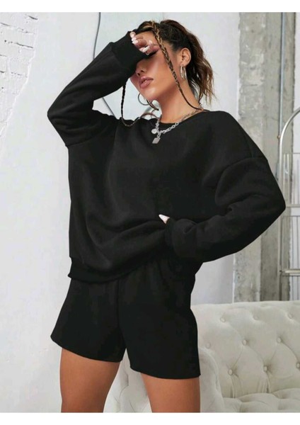 Şortlu Eşofman Takım Sweatshirt Alt Üst Takım Beyaz Oversize Bisiklet Yaka