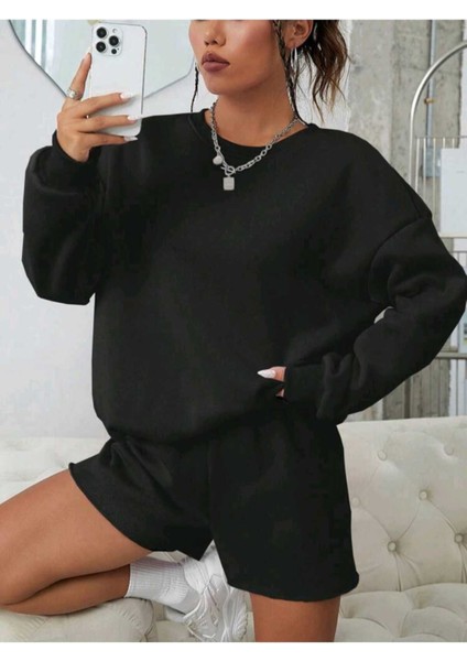 Şortlu Eşofman Takım Sweatshirt Alt Üst Takım Beyaz Oversize Bisiklet Yaka