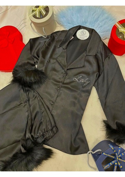 Kadın Saten Zirkon Taş Detaylı Tüylü Pijama Takımı - Çeyiz - Bekarlığa Veda Partisi - Gelin -Alt Üst Takım modelleri