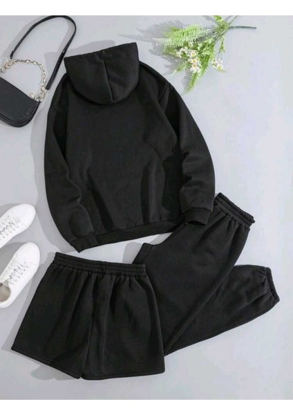 3'lü Şortlu Eşofman Takımı Kapşonlu Sweatshirt Alt Üst Takım Oversize