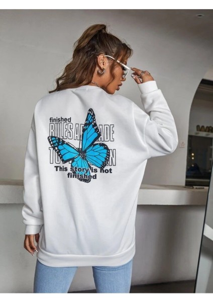 Kadın Beyaz Finished Bules Oversize Sweatshirt 3iplik modelleri