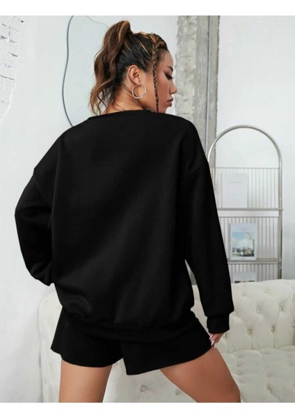 Şortlu Eşofman Takım Sweatshirt Alt Üst Takım Beyaz Oversize Bisiklet Yaka