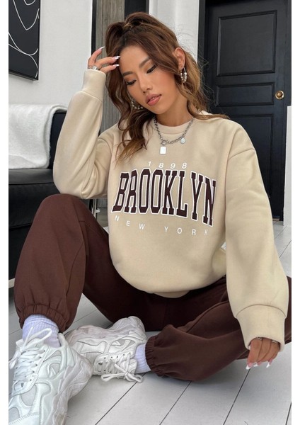 Brooklyn Kahve Jogger Bej Sweatshirt Alt Üst Eşofman Takımı Oversize Bisiklet Yaka