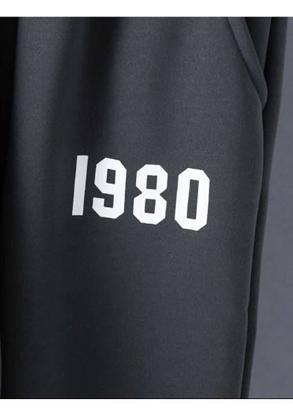 1980 Baskılı Ünisex Füme Alt Üst Eşofman Takımı Oversize Kapüşonlu