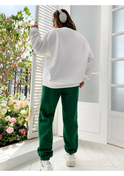 Brooklyn Mavi Jogger Beyaz Sweatshirt Alt Üst Eşofman Takımı Oversize Bisiklet Yaka