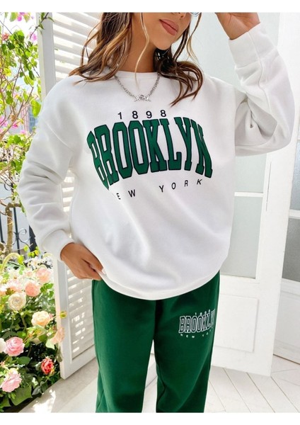 Brooklyn Mavi Jogger Beyaz Sweatshirt Alt Üst Eşofman Takımı Oversize Bisiklet Yaka fiyatları