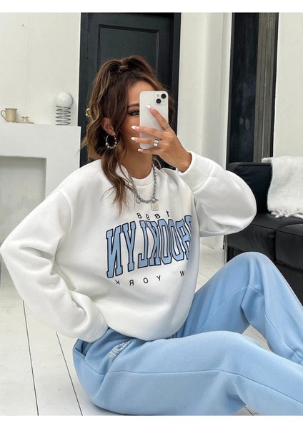 Brooklyn Mavi Jogger Beyaz Sweatshirt Alt Üst Eşofman Takımı Oversize Bisiklet Yaka