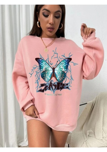 Kadın Kelebek Baskılı Oversize Sweatshirt 3iplik