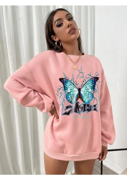 Kadın Kelebek Baskılı Oversize Sweatshirt 3iplik fiyatları