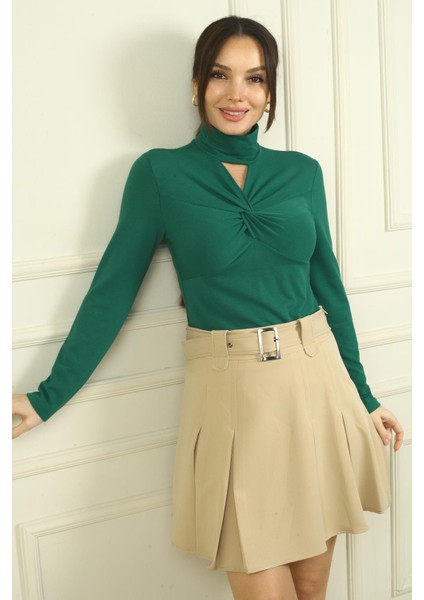 Kadın Önü Pencereli Düğüm Detaylı Likralı Bluz