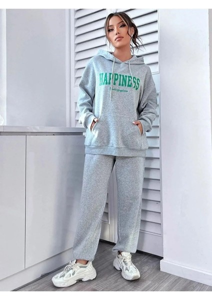 Kadın Gri Happiness Alt Üst Eşofman Takımı Oversize Kapüşonlu