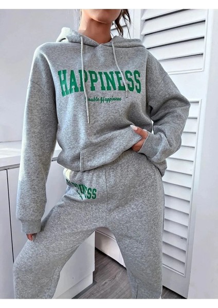 Kadın Gri Happiness Alt Üst Eşofman Takımı Oversize Kapüşonlu