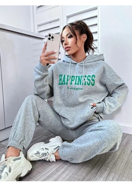 Kadın Gri Happiness Alt Üst Eşofman Takımı Oversize Kapüşonlu