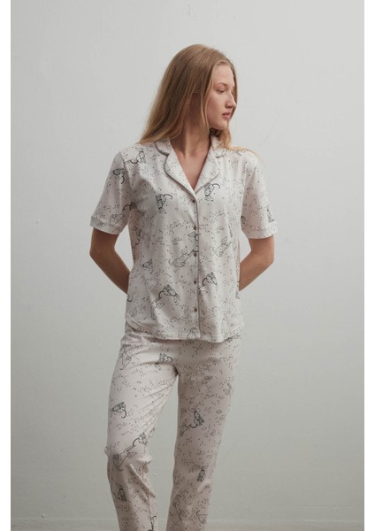 Kadın Pamuklu Gömlek Yaka Kısa Kollu Pijama Üstü