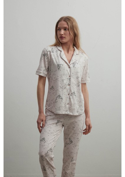 Kadın Pamuklu Gömlek Yaka Kısa Kollu Pijama Üstü