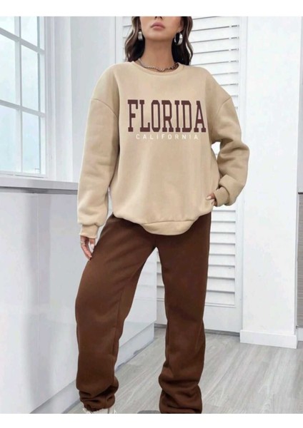 Kahve Krem Jogger Sweatshirt Alt Üst Eşofman Takımı Oversize Bisiklet Yaka