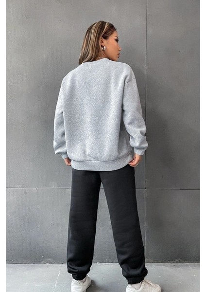 Brooklyn Gri Jogger Siyah Sweatshirt Alt Üst Eşofman Takımı Oversize Bisiklet Yaka