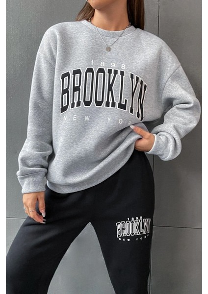 Brooklyn Gri Jogger Siyah Sweatshirt Alt Üst Eşofman Takımı Oversize Bisiklet Yaka