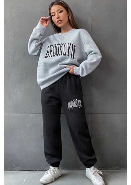 Brooklyn Gri Jogger Siyah Sweatshirt Alt Üst Eşofman Takımı Oversize Bisiklet Yaka
