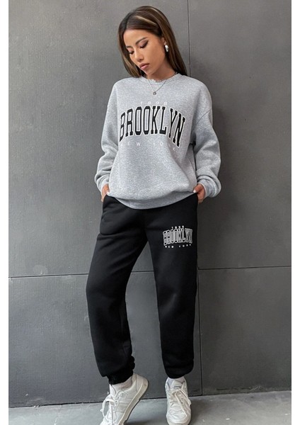 Brooklyn Gri Jogger Siyah Sweatshirt Alt Üst Eşofman Takımı Oversize Bisiklet Yaka