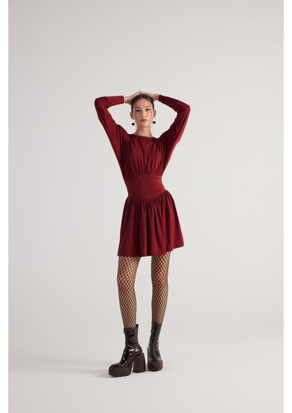 Beli Korse Görünümlü Vatkalı Mini Jade Elbise Bordo modelleri