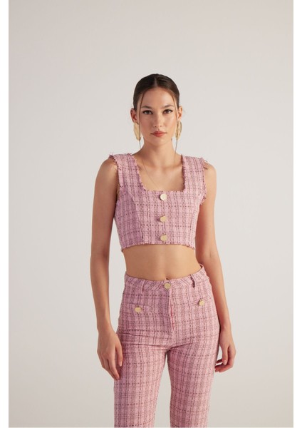 Tüvit Kumaş Crop Tweed Büstiyer Pembe