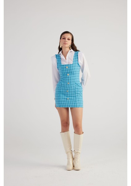 Metal Düğme Detaylı Mini Tüvit Tweed Elbise Mavi
