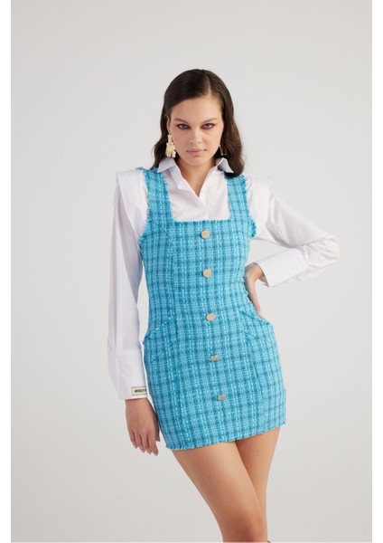 Metal Düğme Detaylı Mini Tüvit Tweed Elbise Mavi