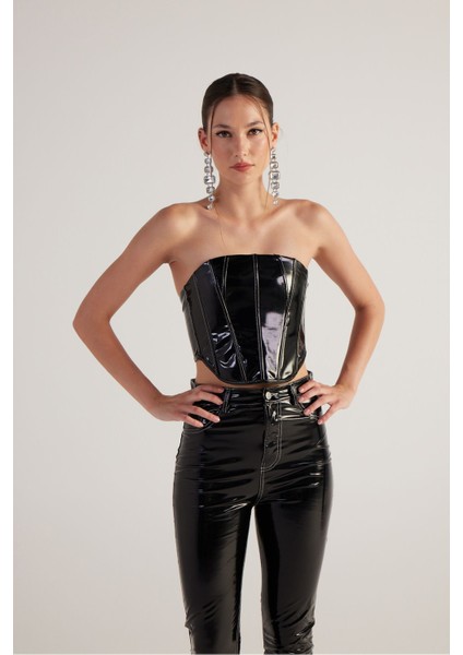 Fermuar Kapamalı Rugan Bria Büstiyer Siyah