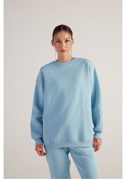 Kadın Mavi Oversize Şardonlu Yazı Baskılı Fluffy Sweatshirt