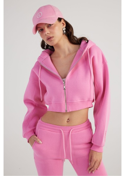 Kadın Pembe Kapüşonlu Uzun Kol Fermuarlı Crop Mixed Sweat