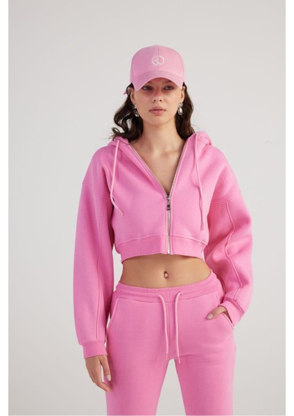 Kadın Pembe Kapüşonlu Uzun Kol Fermuarlı Crop Mixed Sweat